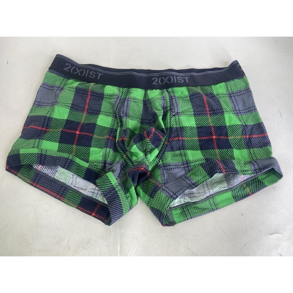2xist Cotton Stretch 1 Piece Trunk Boxer Brief Green Plaid Underwear Mens Size M
